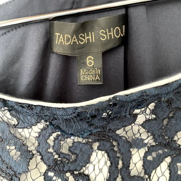 Tadashi Shoji One Shoulder Lace Sheath Dress Party Blue White, Size 6 - Picture 7 of 8